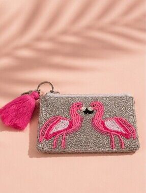 Beaded Flamingo Coin Purse with Pink Tassel NEW